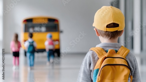 A young schoolboy with a yellow cap and backpack watches other children walking towards a yellow school bus.