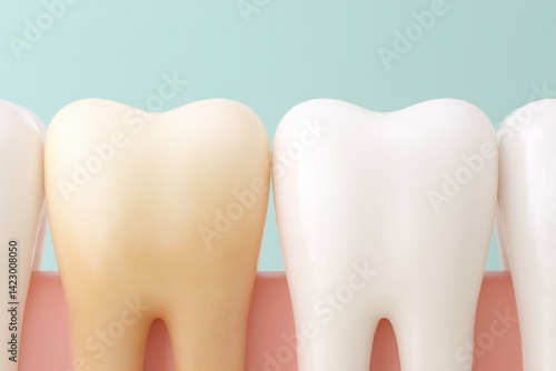 tooth discoloration comparison showing yellowed and white teeth models on light blue background for dental treatment concept