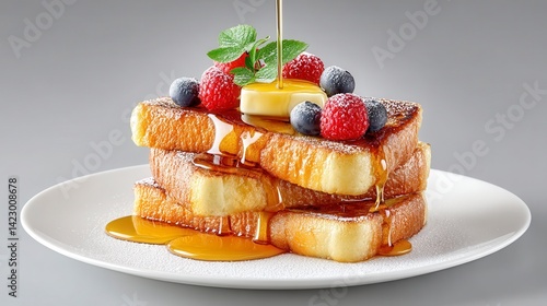 french toast with berries and honey syrup, french toast stack for breakfast menu, french toast with gourmet fruit toppings