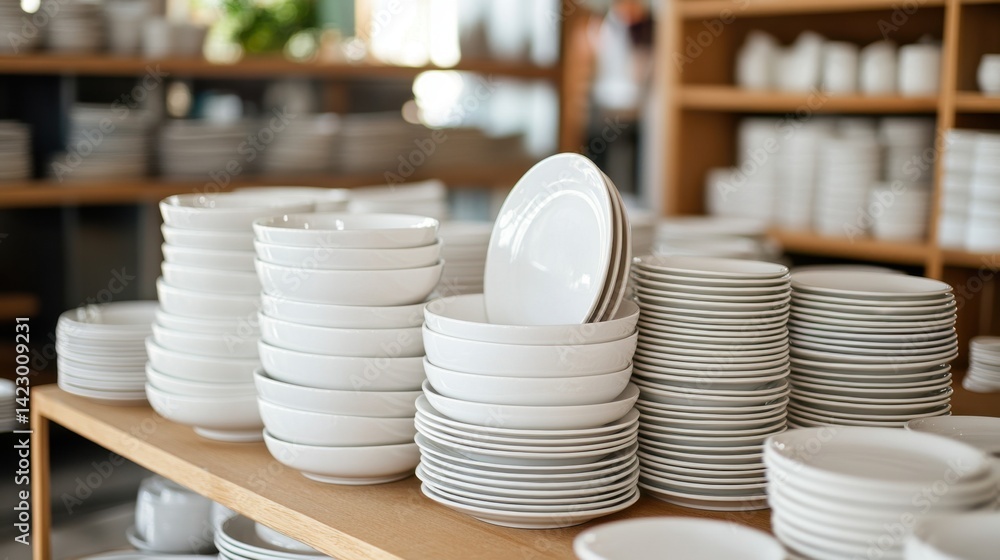 Pristine porcelain dishes stacked and polished to shine, ready for serving in elegant setting Pristine porcelain dishes stacked and polished to shine, ready for serving in elegant setting