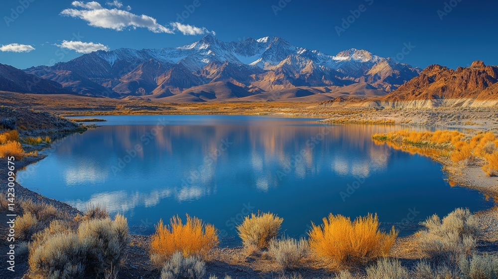 Obraz premium Picturesque mountain lake reflecting a vibrant sky.
