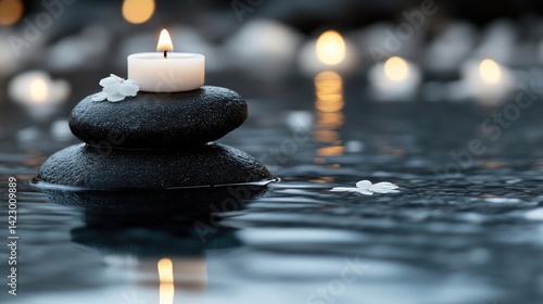 A burning white tea light candle sits on stacked black spa stones in calm water with reflections and bokeh lights.