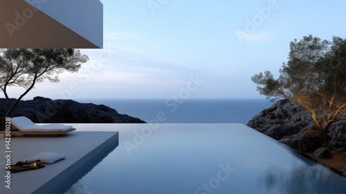 Luxury minimalist infinity pool on a concrete terrace overlooks the calm blue ocean at twilight.