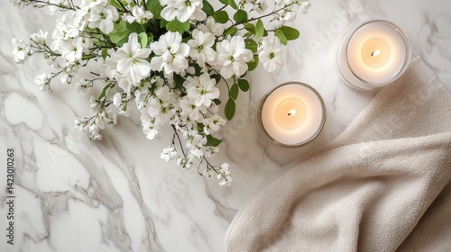 A top-down view of a white countertop with a vase of white flowers, candles, and a soft towel, creating a peaceful and calming vibe