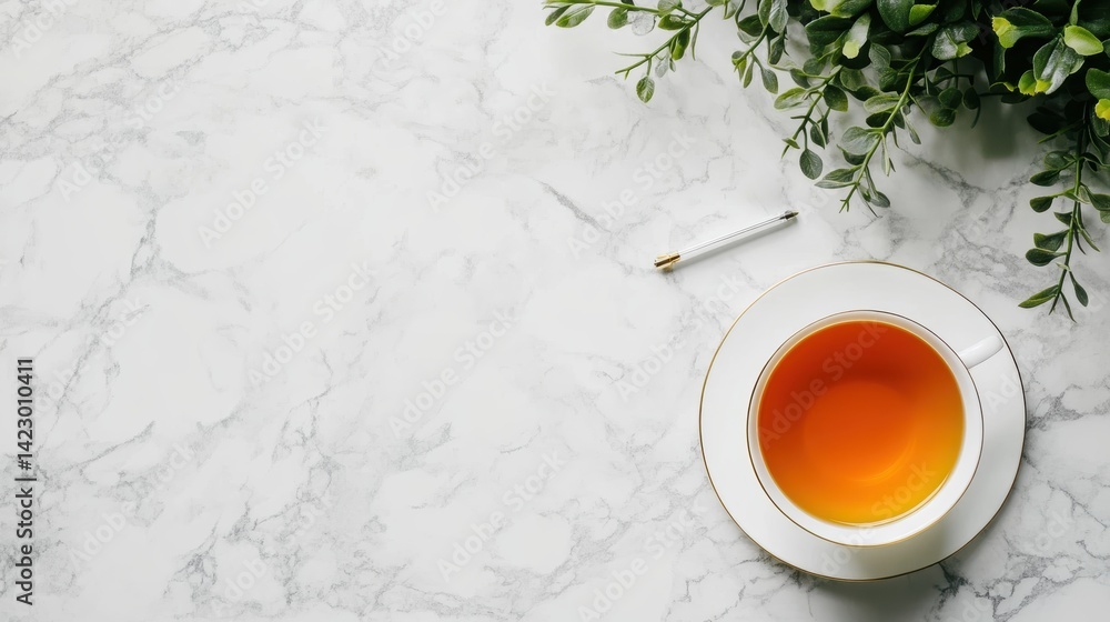 A top-down view of a clean and organized desk with a white notebook, a plant, a pen, and a cup of tea