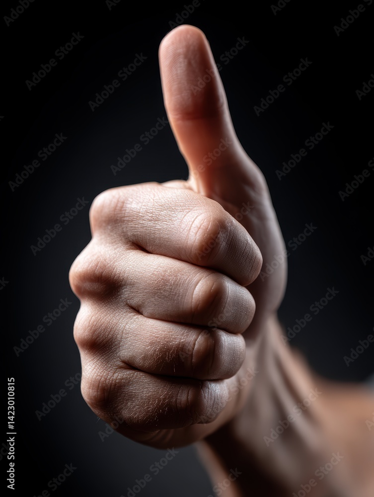Close-up of a raised thumb, symbolizing victory and success, against a blurred background - encouragement approval reach Close-up of a raised thumb, symbolizing victory and success, against a blurred background - encouragement approval reach
