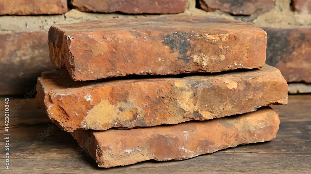Stacked terracotta bricks, earthy texture and rough edges for rustic construction Stacked terracotta bricks, earthy texture and rough edges for rustic construction
