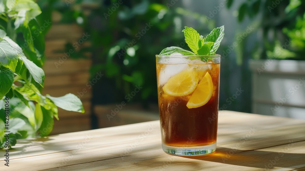 Fototapeta premium Refreshing cold glass of iced tea with floating lemon wedges and mint, served on a wooden table with summer vibes