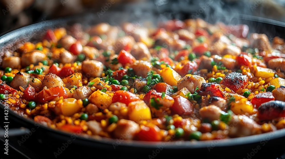 Vibrant paella cooking in a pan, featuring colorful vegetables and seafood, with steam rising Vibrant paella cooking in a pan, featuring colorful vegetables and seafood, with steam rising