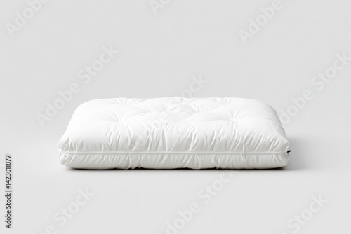 A white rectangular bed pillow with tufted details rests on a light grey background.