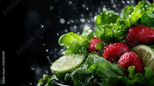 Fresh green salad with strawberries, cucumber, and lime being washed with splashing water against a dark background.