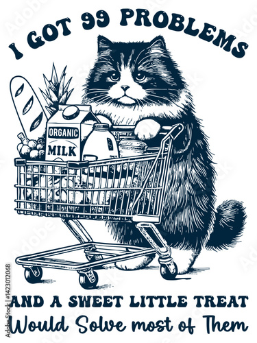 Cat is grocery shopping. Funny animal. Vintage retro memes classic.