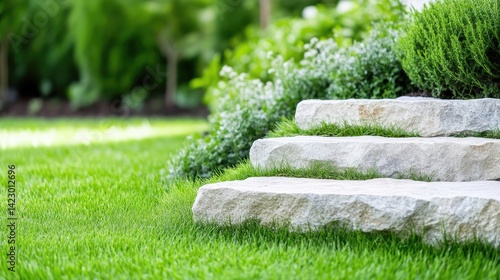 Natural stone steps built into a lush green lawn surrounded by vibrant garden plants in bright daylight.