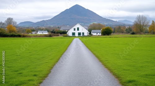 A straight asphalt road leads through a vibrant green field toward a white house with a large conical mountain rising in the background under an overcast sky.