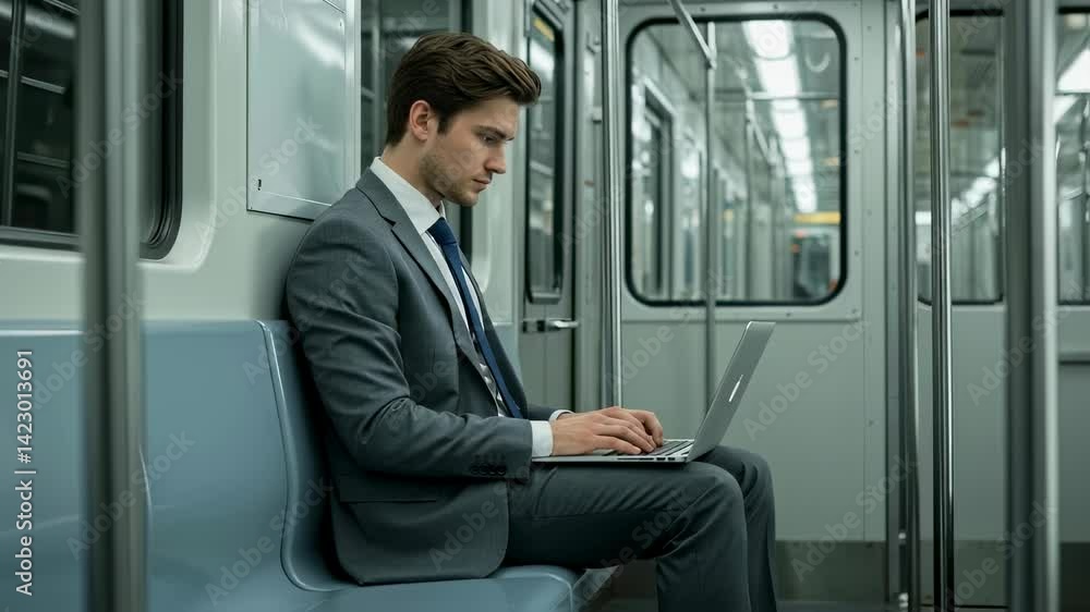 Man working on laptop in subway train. Businessman using portable computer in public transport video. Modern connectivity and remote work concept footage for urban life.
