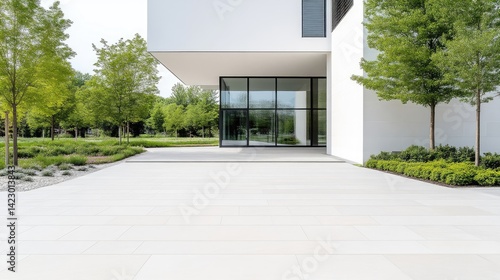 Modern minimalist white building with large glass windows features a spacious paved concrete courtyard surrounded by green trees.
