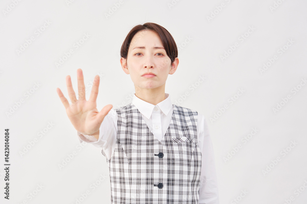 女性 事務員 ストップのジェスチャー 白背景 女性 事務員 ストップのジェスチャー 白背景