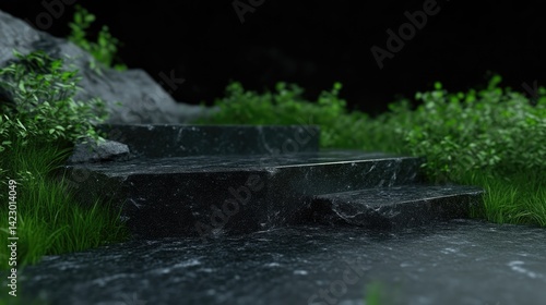 Black marble podium steps surrounded by lush green grass in a dark atmospheric setting.