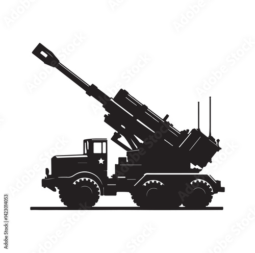 Howitzer artillery launcher truck silhouette vector illustration