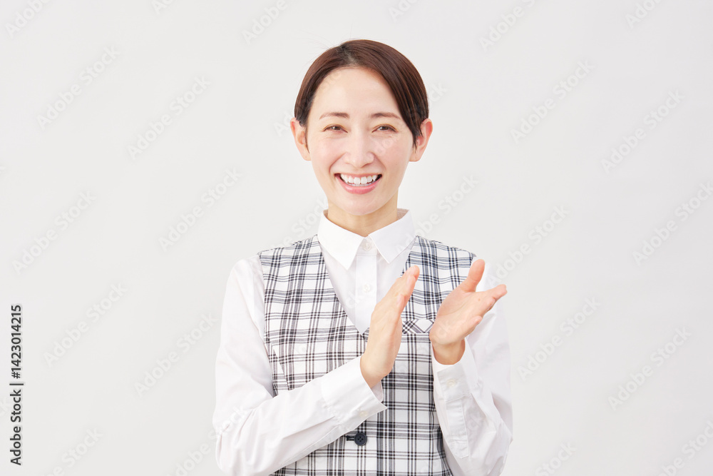 女性 事務員 拍手 白背景 女性 事務員 拍手 白背景