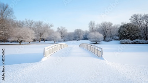 Snow-covered wooden footbridge leading into a serene winter park with frosted trees under a clear blue sky.