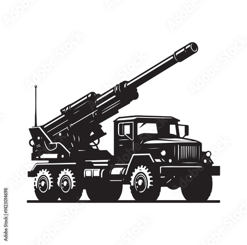Howitzer artillery launcher truck silhouette vector illustration