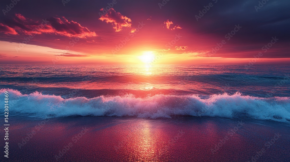Fototapeta premium Vibrant sunset over the ocean, painting the shore in fiery hues.