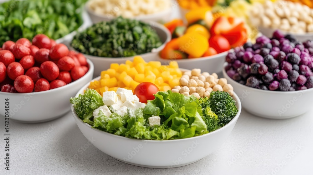 Colorful salad bar with various fresh ingredients. A selection of vibrant vegetables, fruits, and grains ready to be combined into a customized salad Colorful salad bar with various fresh ingredients. A selection of vibrant vegetables, fruits, and grains ready to be combined into a customized salad