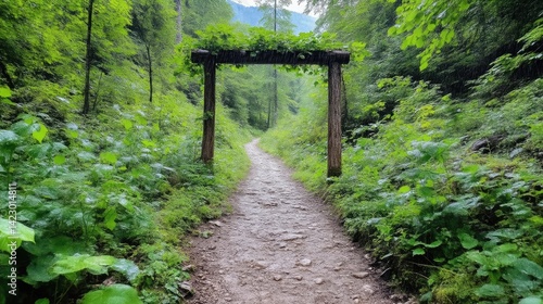A rustic wooden arch covered in green leaves stands over a dirt hiking path winding through a lush forest.