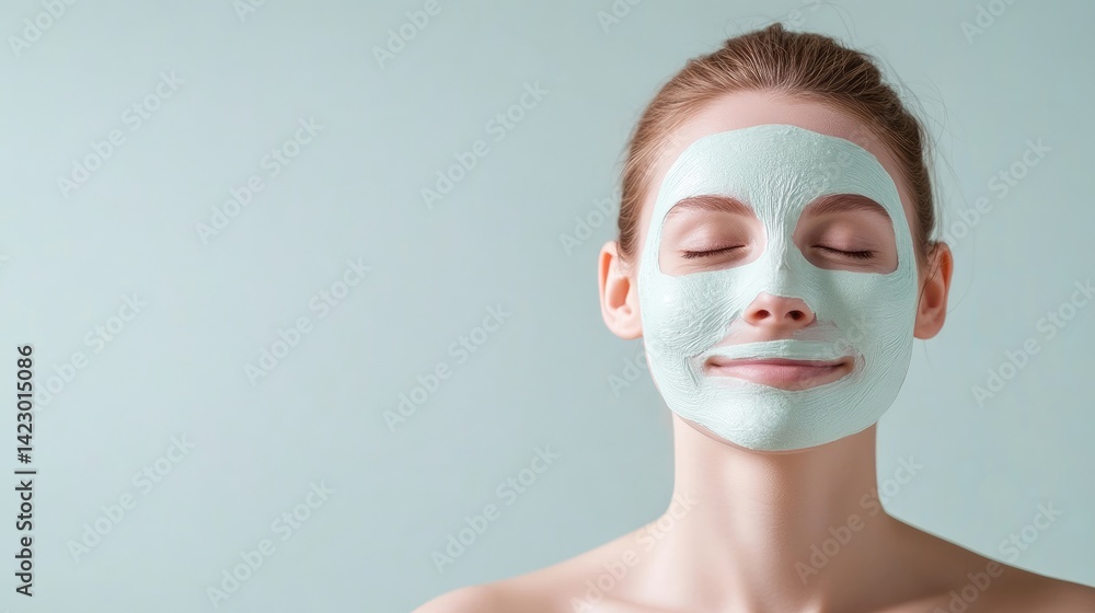 A woman with closed eyes enjoying a relaxing facial mask treatment, serene expression, light blue background, close-up portrait, and skincare routine concept. A woman with closed eyes enjoying a relaxing facial mask treatment, serene expression, light blue background, close-up portrait, and skincare routine concept.