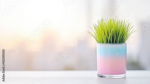 Green grass growing in a pastel pink and blue gradient pot sits on a white table against a bright blurred background.