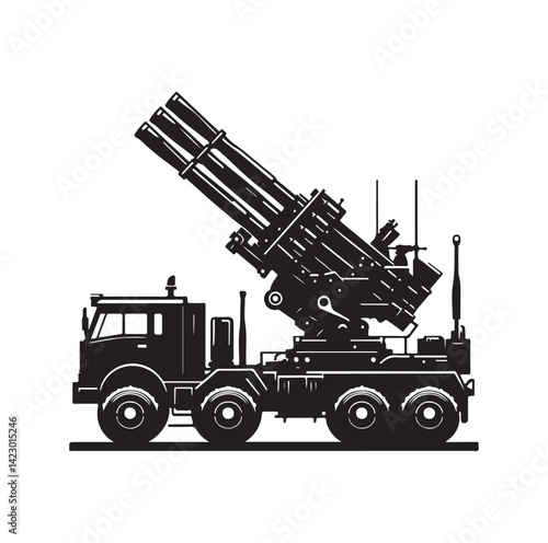 Howitzer artillery launcher truck silhouette vector illustration