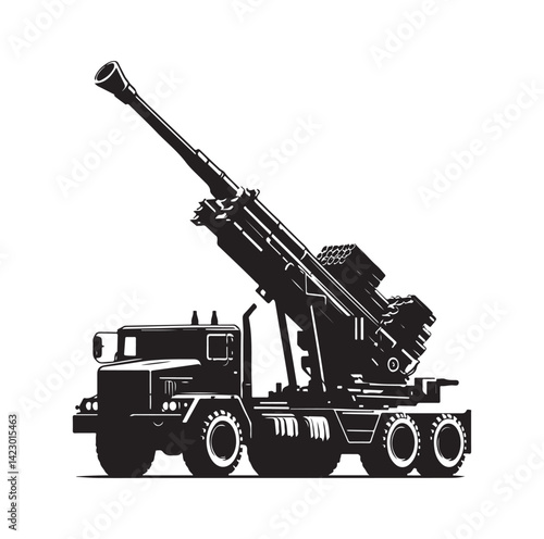 Howitzer artillery launcher truck silhouette vector illustration
