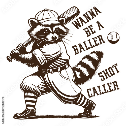 Raccoon are playing baseball, Wanna be a baller shot caller, Retro memes, Vintage style.