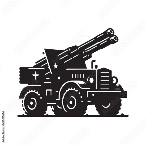 Howitzer artillery launcher truck silhouette vector illustration
