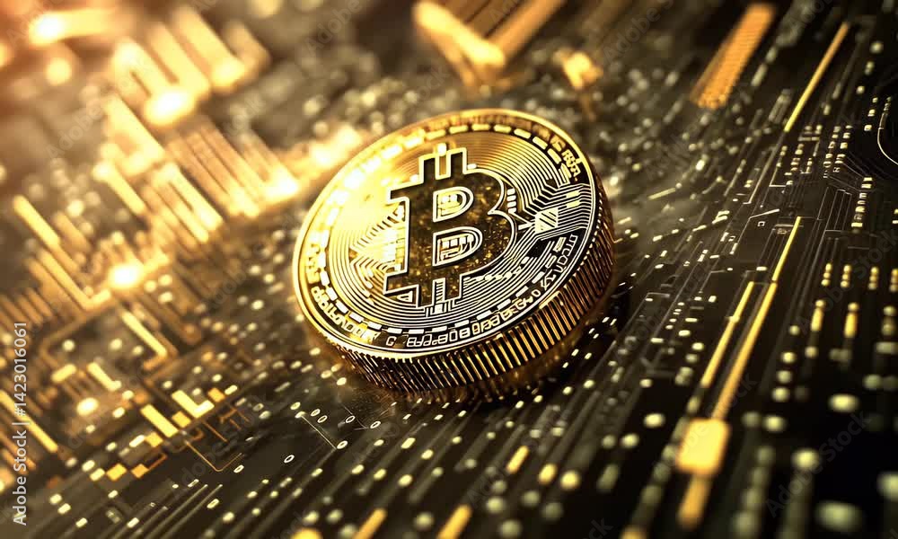 Stacks of shiny Bitcoin coins with digital stock market chart in the background, symbolizing crypto trading.