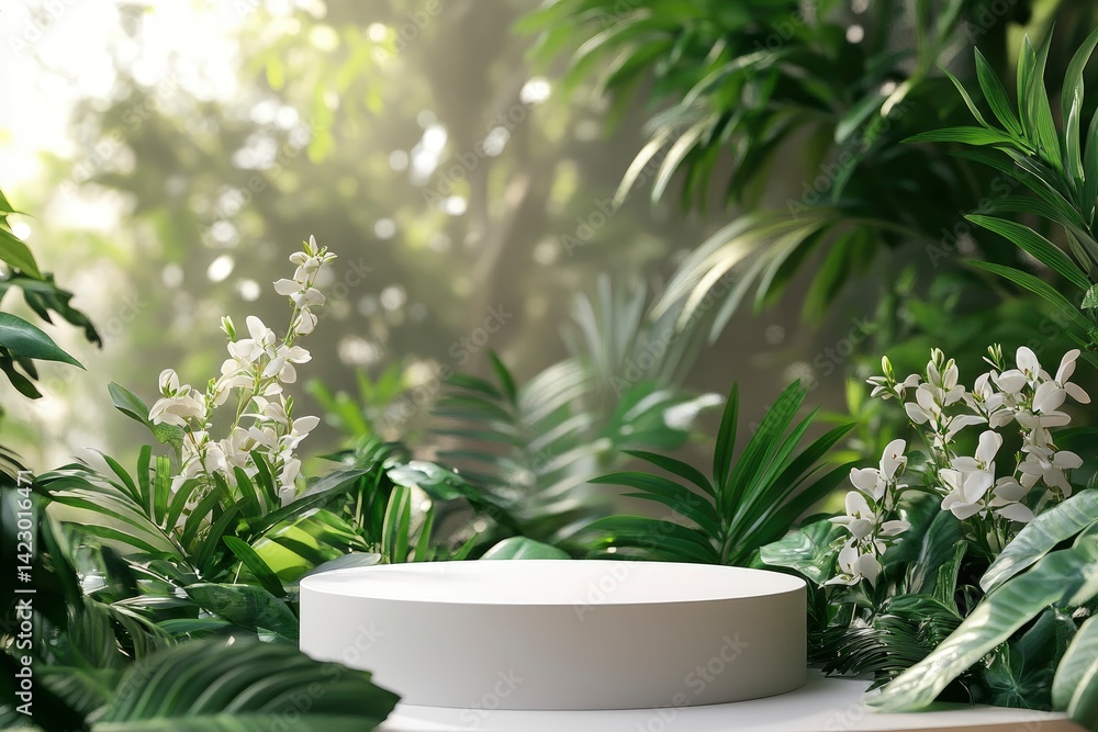 White Podium Display in Tropical Greenery White Podium Display in Tropical Greenery