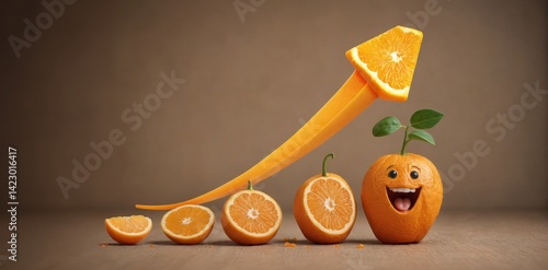 Rise Graph And Arrow On Orange Fruit Slice Stock Board With Comic 3D Toon Character
