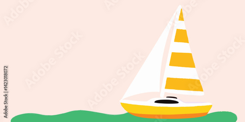 A vibrant, playful sailboat glides gracefully across the tranquil sea, sail filled with the refreshing breeze. Evoking the spirit of adventure and serene pleasure of a bright summer day.