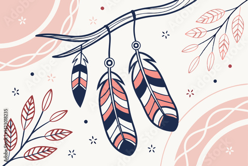 19 Decorative feathers hanging from branch, bohemian style, navy blue and coral accents, minimalist design, pastel background, organic shapes, hand-drawn illustration, delicate line work, nature-inspi