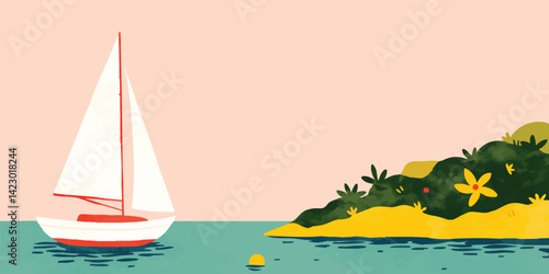 A whimsical illustration of a sailboat sailing along a serene seascape, depicting a relaxing maritime journey and the beauty of coastal scenery.