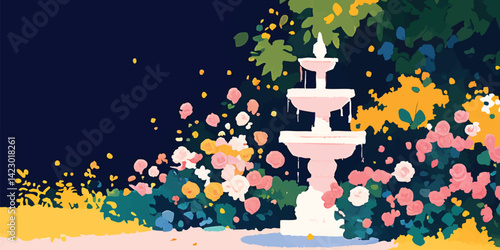 A tranquil fountain cascades water amidst a flourishing floral display, evoking serenity and peace in a meticulously crafted digital artwork.