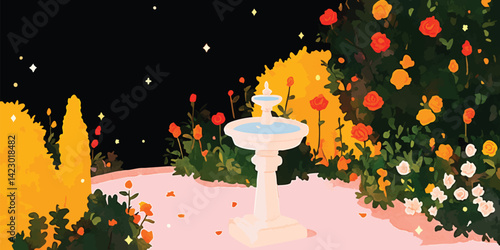 A surreal nighttime garden scene, showcasing a beautiful fountain as its focal point, surrounded by lush flowers under a starlit sky. This evokes a sense of enchantment and mystery.