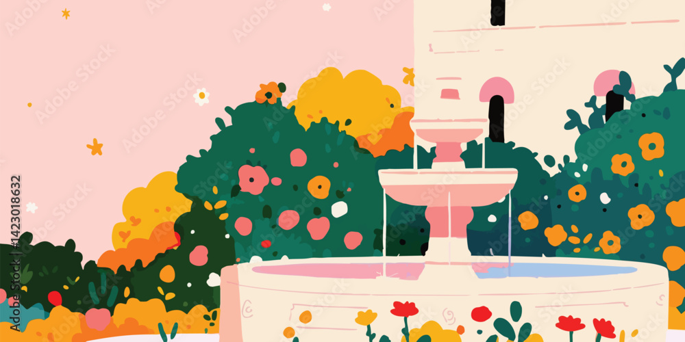 Obraz premium An inviting garden scene with a charming fountain, flourishing plants and colorful flowerbeds. Illustrating serene outdoor settings and nature's beauty.
