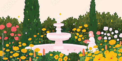 A serene garden scene featuring a charming fountain, colorful flowers, and a person tending to the flowers, all bathed in soft, ambient light.