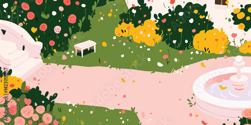 A serene, blossoming garden featuring lush rose bushes, a graceful fountain, and a inviting pathway. The illustration style captures a dreamy, idyllic atmosphere.