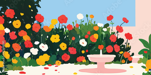 An impressionistic illustration captures a serene garden scene, featuring a profusion of colorful flowers and a gentle fountain.