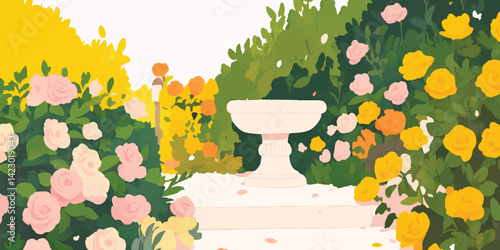 A serene garden scene, with various flowers blooming beside a white fountain. The sun casts a gentle glow over the scene, accentuating the lushness of the plants and the tranquility of the setting.