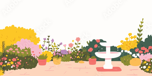 An idyllic cartoon landscape of a tranquil garden, featuring colorful flower beds surrounding a classical fountain.