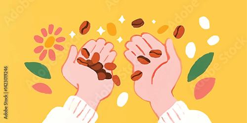 A pair of hands with soft, white sweater sleeves are shown pouring fresh, dark roasted coffee beans over a yellow background. The beans fall with a magical shimmer.